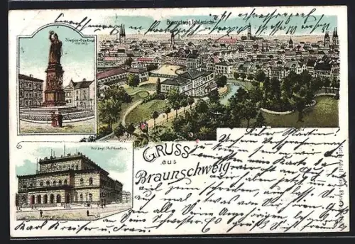 Lithographie Braunschweig, Totalansicht, Sieges-Denkmal, Herzogl. Hoftheater