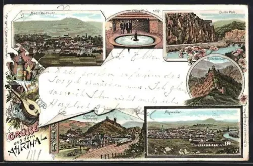 Lithographie Bad Neuenahr /Ahrthal, Teilansicht, Altenahr mit Bahnhof, Ruine