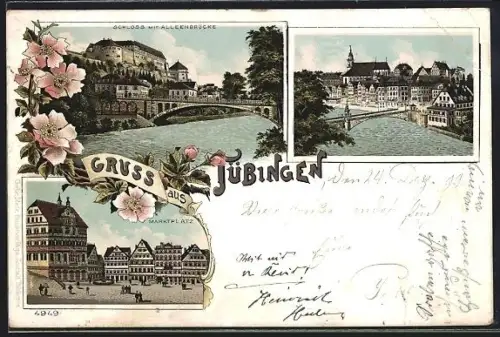 Lithographie Tübingen, Marktplatz, Schloss mit Alleebrücke und Flusspartie
