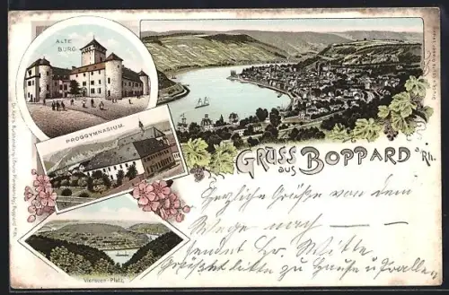 Lithographie Boppard a. Rhein, Progymnasium, Alte Burg, Vierseen-Platz