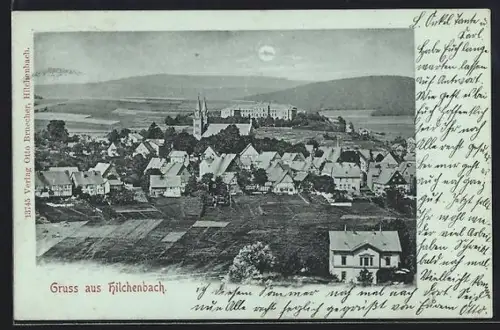 Mondschein-AK Hilchenbach, Teilansicht mit Kirche