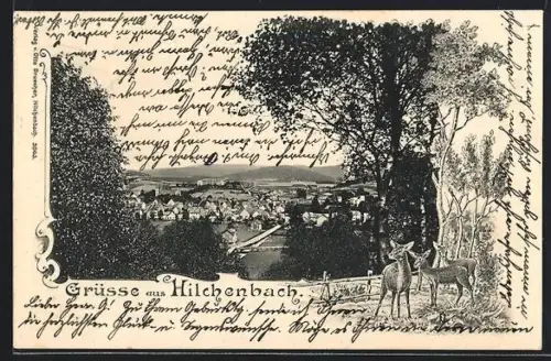 Lithographie Hilchenbach, Teilansicht mit Strassenpartie, Drei Rehe, Passepartout