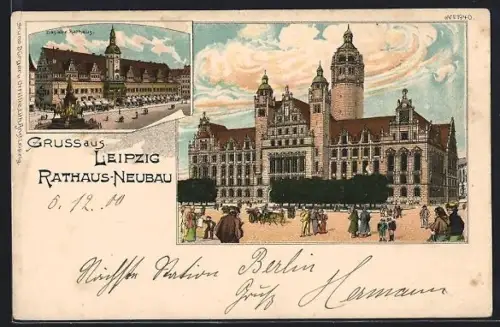 Lithographie Leipzig, Altes Rathaus und Rathaus-Neubau