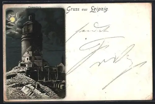 Lithographie Leipzig, Pleissenburg bei Mondschein