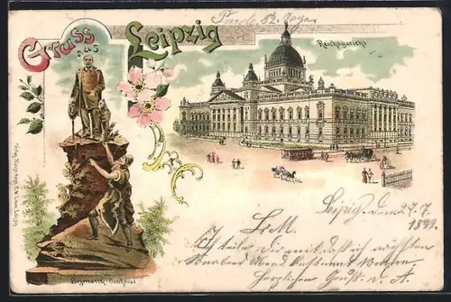 Lithographie Leipzig, Reichsgericht, Bismarck-Denkmal