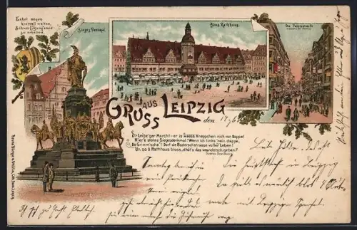 Künstler-AK Leipzig, Altes Rathaus, Sieges-Denkmal, Petersstrasse während der Messe