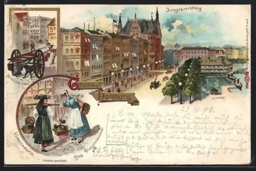 Lithographie Hamburg-Neustadt, Jungfernstieg, Milchkarren, Vierländerin und Dienstmädchen