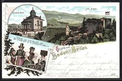 Lithographie Baden-Baden, Altes Schloss, Griechische Capelle, Einwohner in Tracht