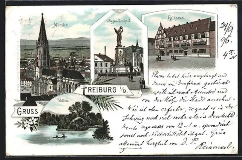 Lithographie Freiburg i. B., Münster, Waldsee, Rathaus