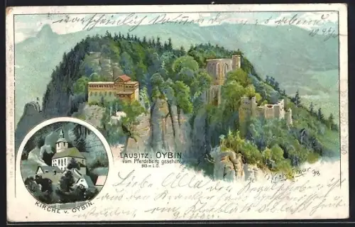 Lithographie Oybin, Ansicht vom Pferdeberg aus, Ansicht der Kirche