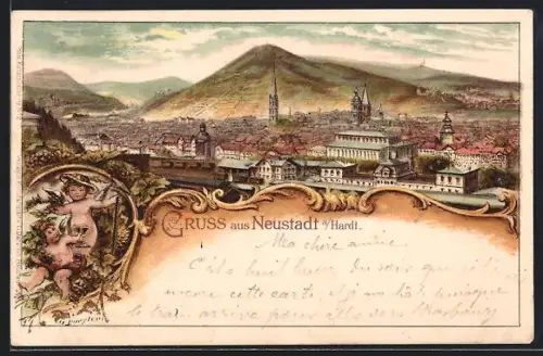 Lithographie Neustadt / Hardt, Ortspanorama mit Gebirge im Hintergrund