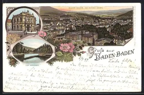 Lithographie Baden-Baden, Totalansicht, Kaiserin Augusta-Bad, Am Waldsee