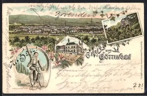 Lithographie Göttingen, Radfahrer, Rathaus, Rohns