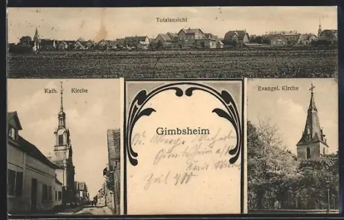 AK Gimbsheim, Totalansicht, Kath. Kirche, Evangel. Kirche
