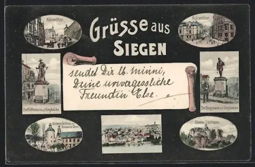 AK Siegen, Kölnertor, Bergmann und Hüttemann an der Siegbrücke