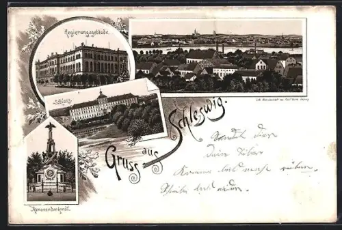 Lithographie Schleswig, Schloss, Regierungsgebäude, Kanonendenkmal