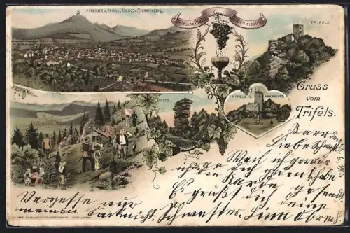 Lithographie Annweiler, Totalansicht, Trifels