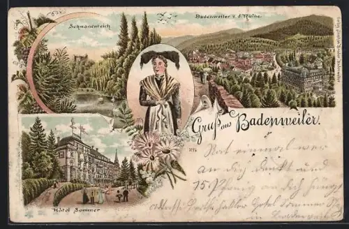 Lithographie Badenweiler, Hotel Sommer, Schwanenteich, Markgräflerin, Ortsansicht v. d. Ruine