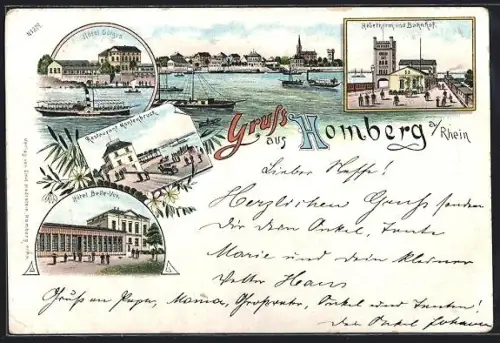 Lithographie Homberg a. Rhein, Hotel Götges, Hotel Belle-Vue, Restaurant Montenbruck