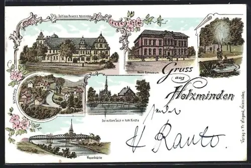 Lithographie Holzminden, Neues Gymnasium, Schloss Bevern, Weserbrücke