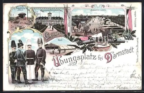 Lithographie Darmstadt, Übungsplatz, Sicherheitsstand, Preussisches Stabsgebäude