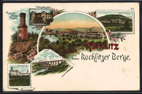 Lithographie Rochlitz, Gasthof Waldschlösschen, Friedrich-August-Turm, Göhrener Brücke
