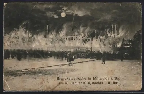 AK Mittweida i. Sa., Brandkatastrophe 1914, Brennende Stadt