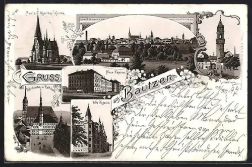 Lithographie Bautzen, Maria-Martha-Kirche, Petrikirche & Rathaus, Neue Kaserne, Alte Kaserne, Reichenthurm