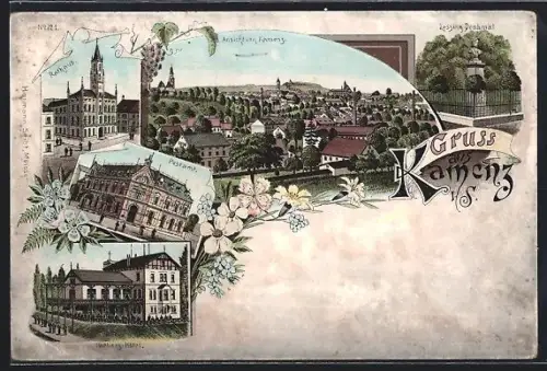 Lithographie Kamenz, Totalansicht, Rathaus, Lessing-Denkmal, Blumenverzierung und Weinrebe