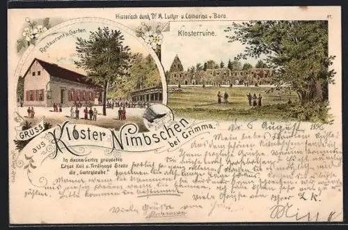 Lithographie Grimma, Kloster Nimbschen, Restaurant und Garten, Klosterruine