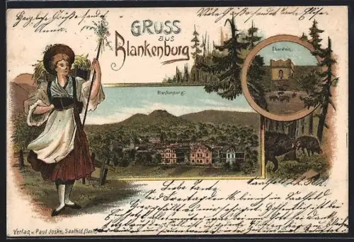 Lithographie Blankenburg, Eberstein, Ortsansicht