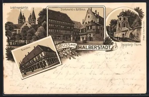 Lithographie Halberstadt, Fischmarkt, Rathaus und Zwicken