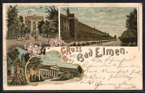 Lithographie Bad Elmen, Lindenbad, Denkmal, Kurhaus, Gradirwerk