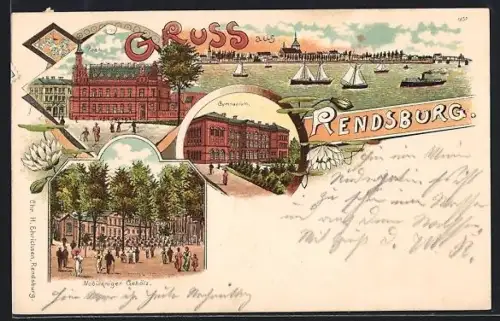 Lithographie Rendsburg, Nobiskrüger Gehölz, Gymnasium, Post