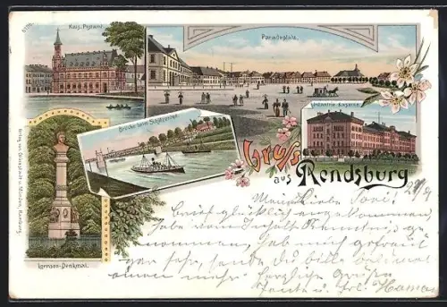 Lithographie Rendsburg, Infanterie Kaserne, Paradeplatz, Brücke beim Schützenhof