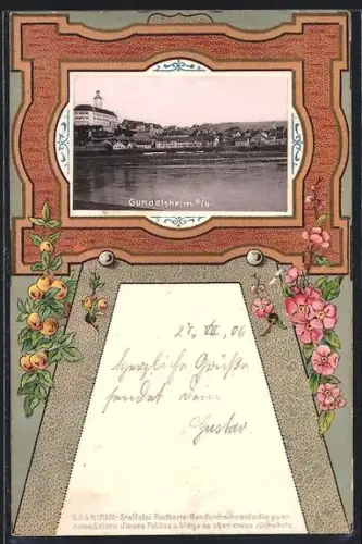 Lithographie Gundelsheim o. N., Flusspartie mit Schlossansicht, Leinwand-Passepartout