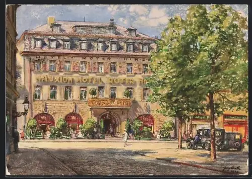 Künstler-AK Saalfeld / Saale, Mauxion-Hotel Roter Hirsch