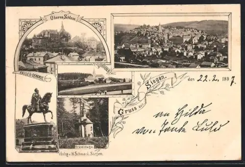 AK Siegen, Kaiserdenkmal, Eremitage, oberes Schloss, Ortspanorama
