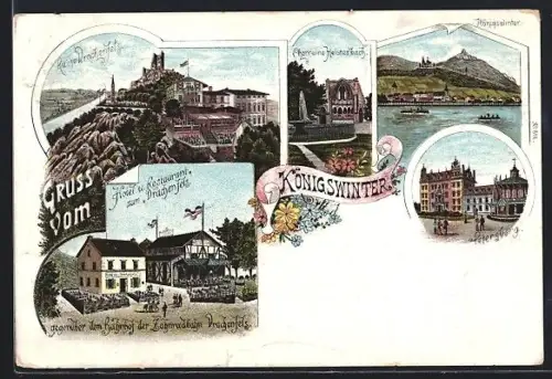 Lithographie Königswinter, Hotel-Restaurant zum Drachenfels J. Schlemmer, Ruine, Ortspartie Petersberg, Ortsansicht