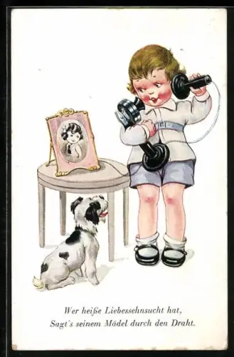 AK Kleiner Junge am Telefon mit Hund