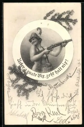 AK Nackte Frau mit einem Gewehr, Tannenzweig, Schützenfest