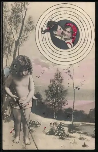 AK Paar in Zielscheibe und Englein mit Gewehr, Schützenfest