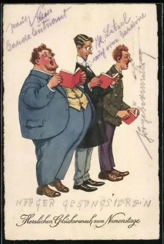 AK Drei Herren mit Gesangsbüchern, Sängerfest