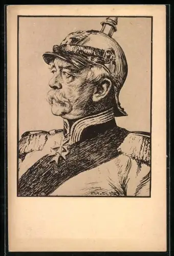 Künstler-AK Karl Bauer, Portrait Otto Fürst von Bismarck in Uniform mit Pickelhaube