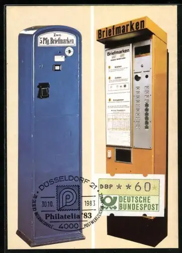 AK Düsseldorf, Philatelia 1983, Alter und neuer Briefmarkenautomat, Postgeschichte