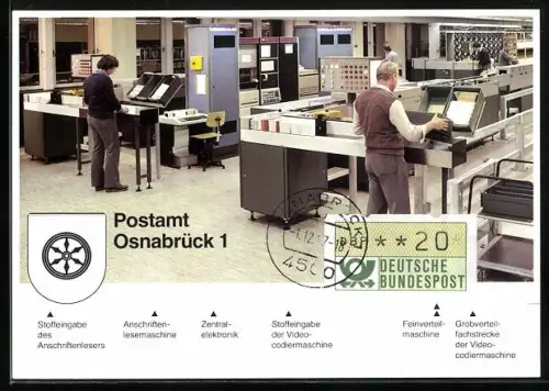 AK Osnabrück, Postamt mit Zentralelektronik, Feinverteilmaschine und Anschriftenlesemaschine, Innenansicht