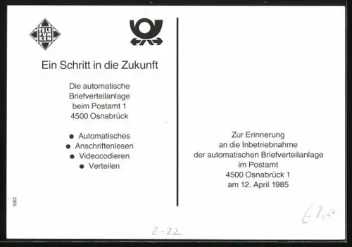 AK Osnabrück, Postamt mit Zentralelektronik, Feinverteilmaschine und Anschriftenlesemaschine, Innenansicht