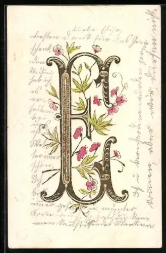 Präge-AK Buchstabe E mit rosafarbenen Blumen