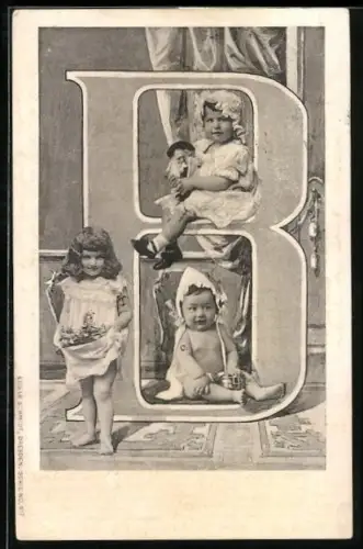 AK Buchstabe B und Kleinkinder mit Puppe