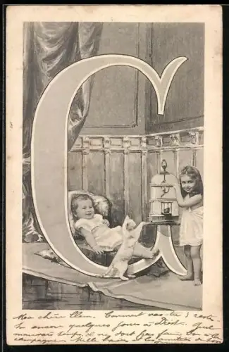 AK Zwei kleine Mädchen mit Katze am Buchstaben C
